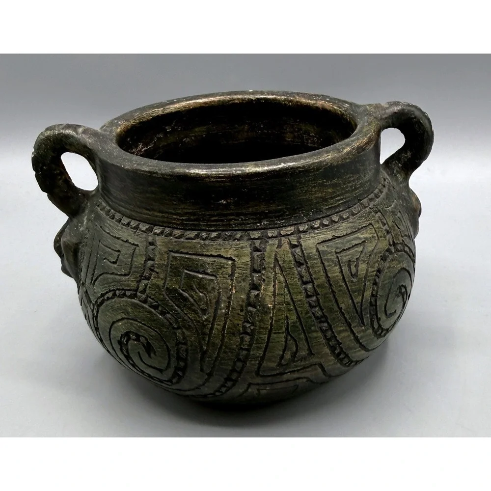 Primitive Hand Carved Pottery Vessel Incised Tribal Geometric Spiral w/Faces 5in